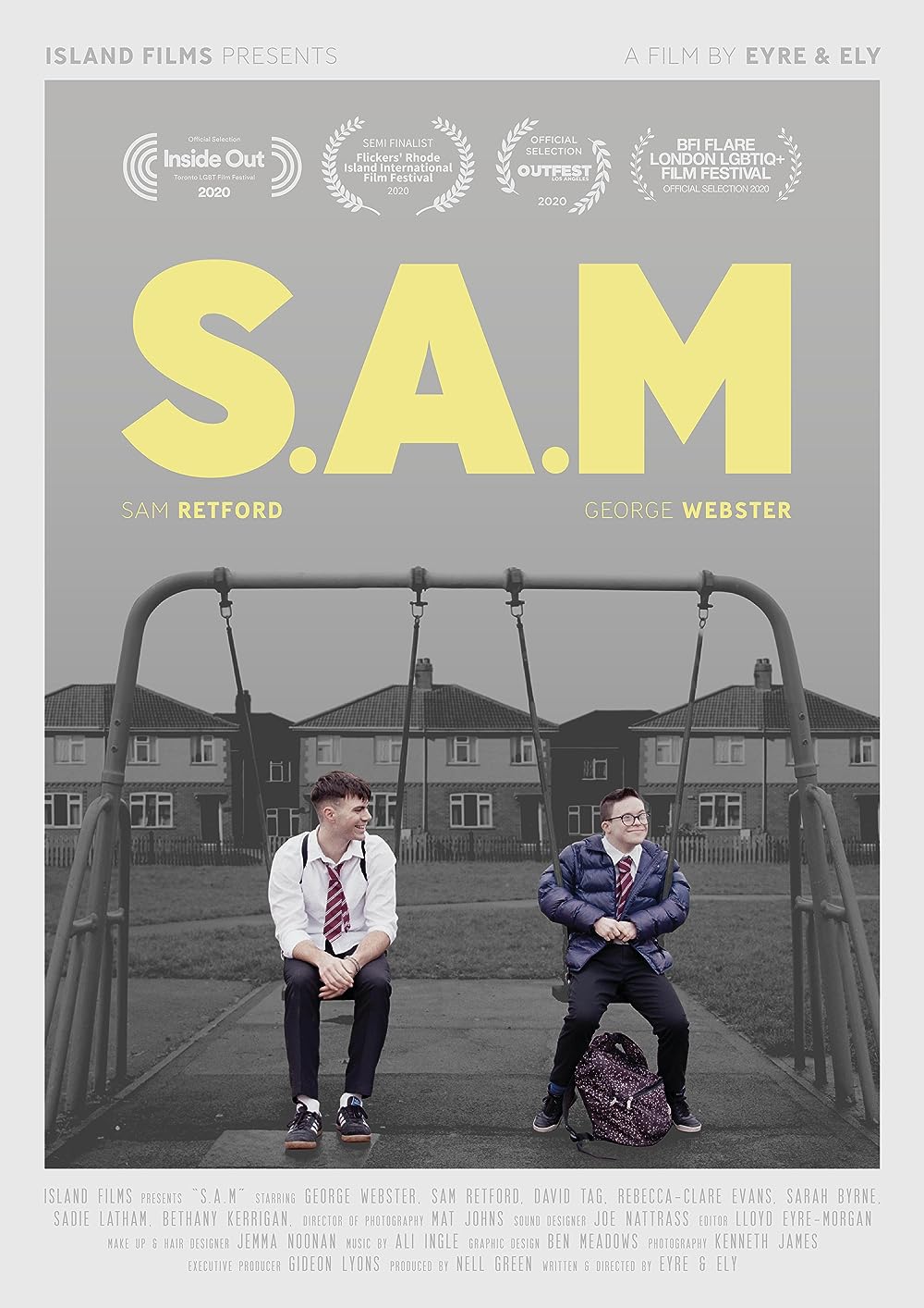 film poster for the short film S.A.M. depicting two boys sitting on swings.