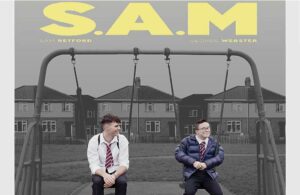 Film poster for S.A.M. - two boys sitting on a swing set